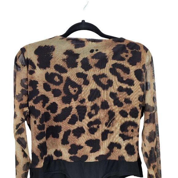 Nasty Gal Bodysuit Leotard Long Sleeve Square Neck Ruched Leopard Brown Sz 14 - Picture 6 of 7